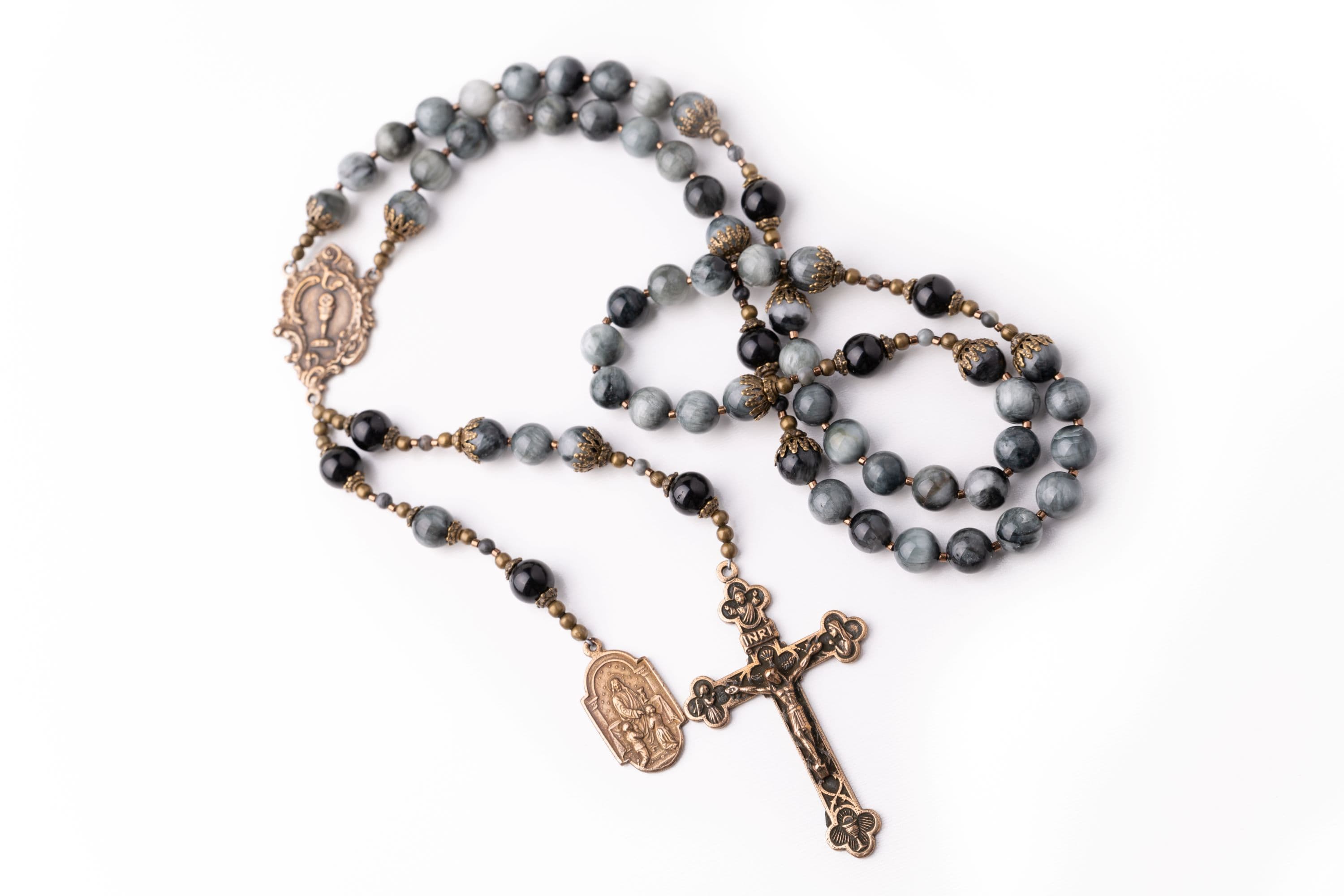 Holy Eucharist Rosary Created in Gray Eagle Eye Quartz with Bronze Medals image