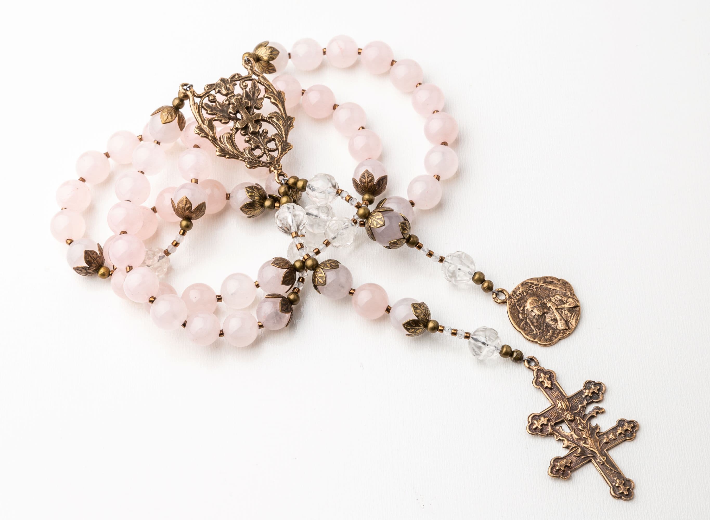 St. Joan of Arc Handmade Catholic Rosary in Rose Quartz with Cast Bronze Medals