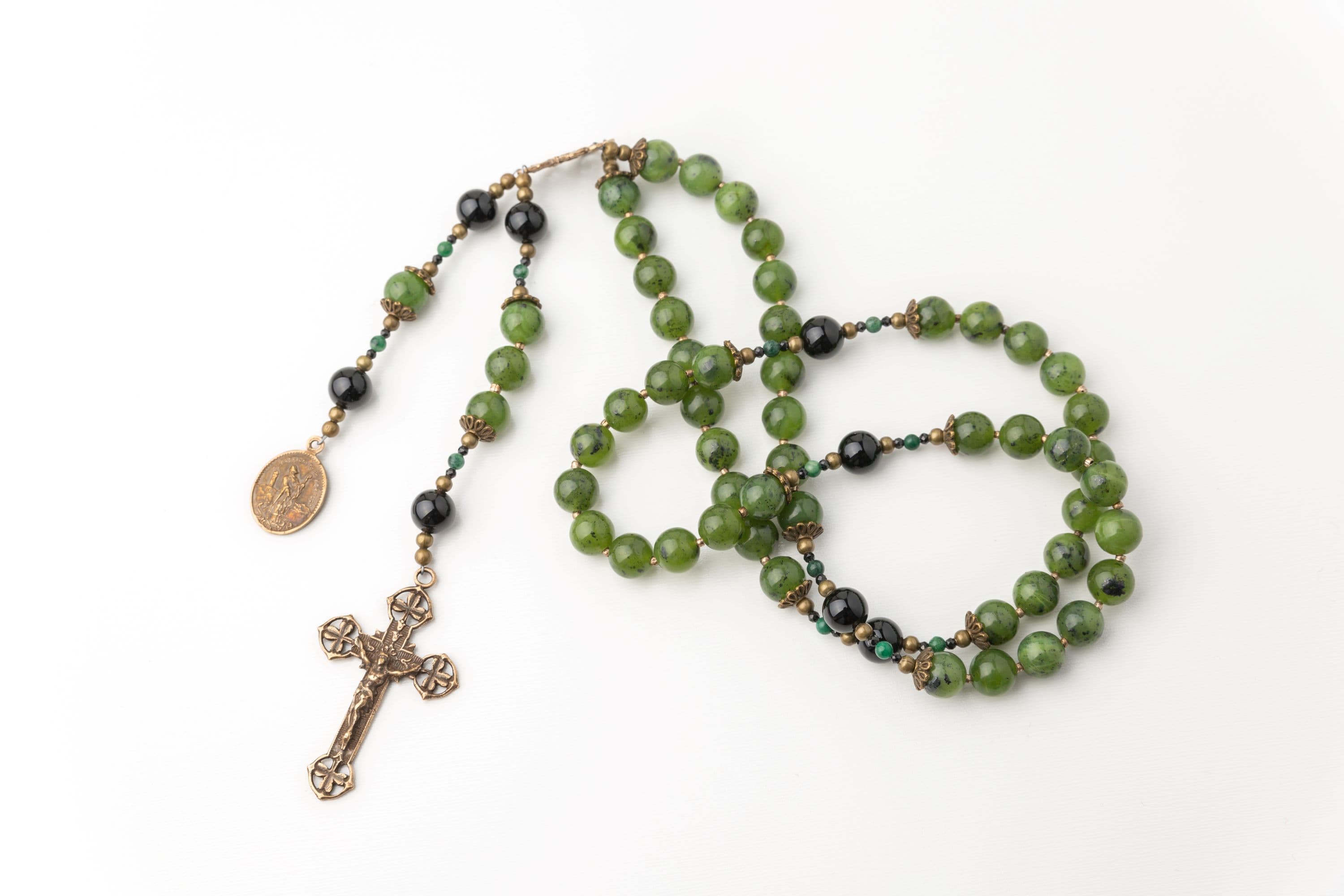 Saint Patrick Rosary Designed in Green Nephrite Jade with Bronze Medals image