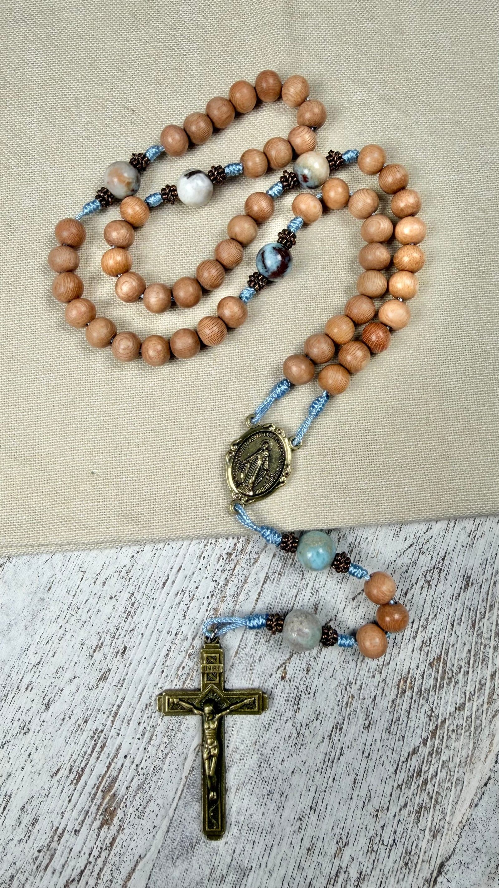 Pink Rosewood Rosary with Larimar – Miraculous Medal & Fatima Crucifix image