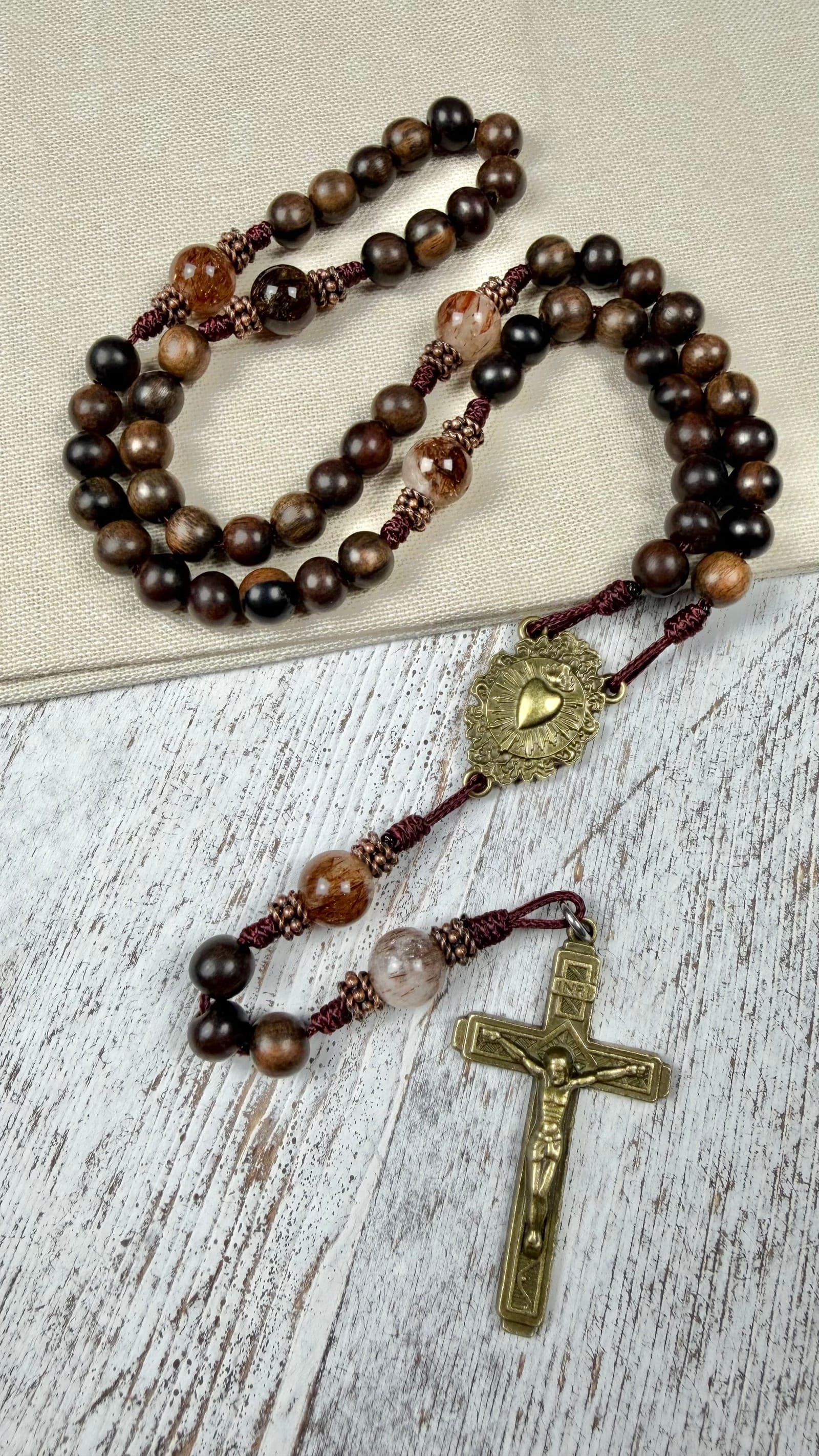 Sacred Heart of Jesus Tiger Wood & Rutilated Quartz Rosary image