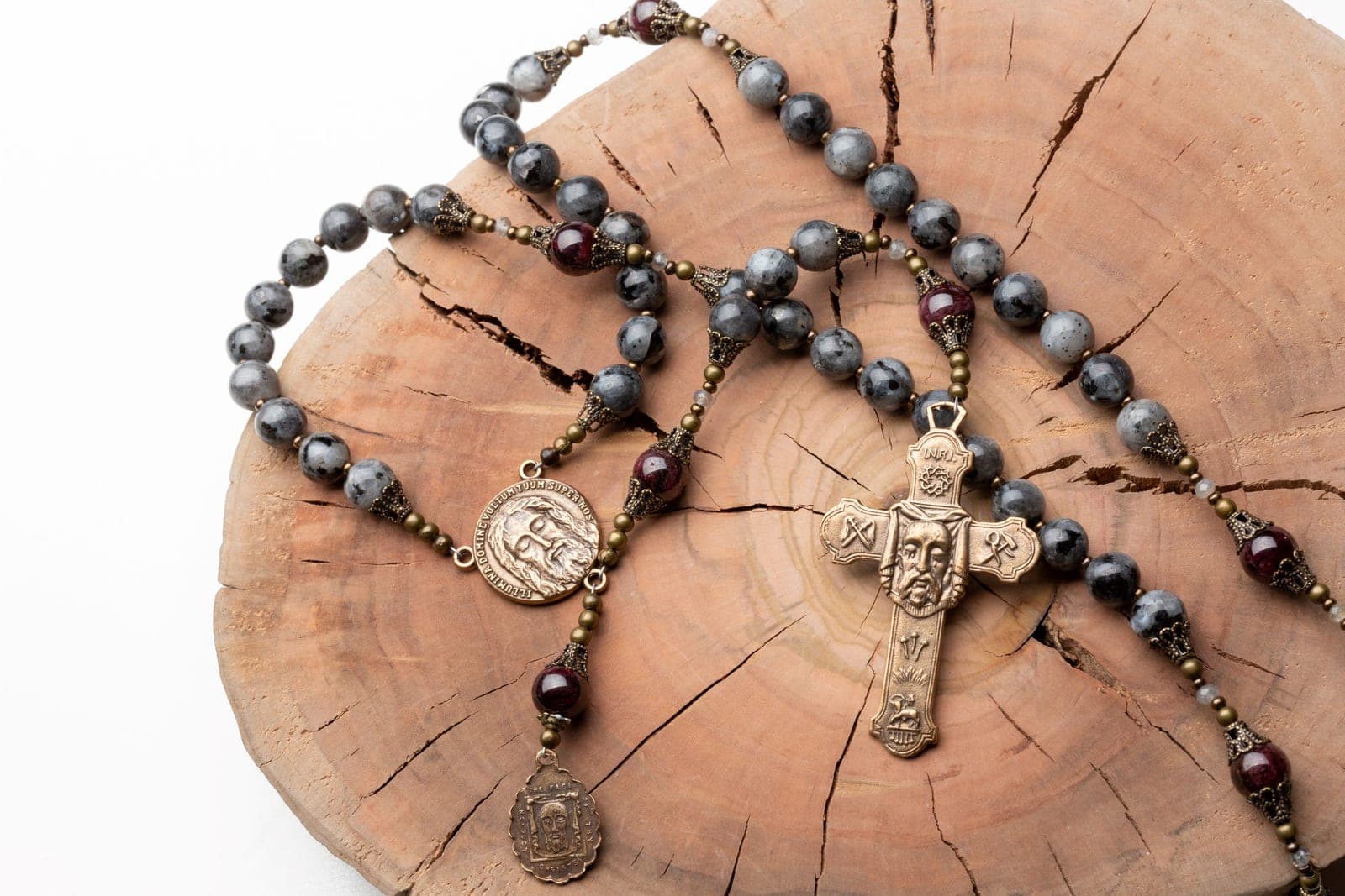 Holy Face of Jesus Rosary Created in Larvikite with Bronze Medals