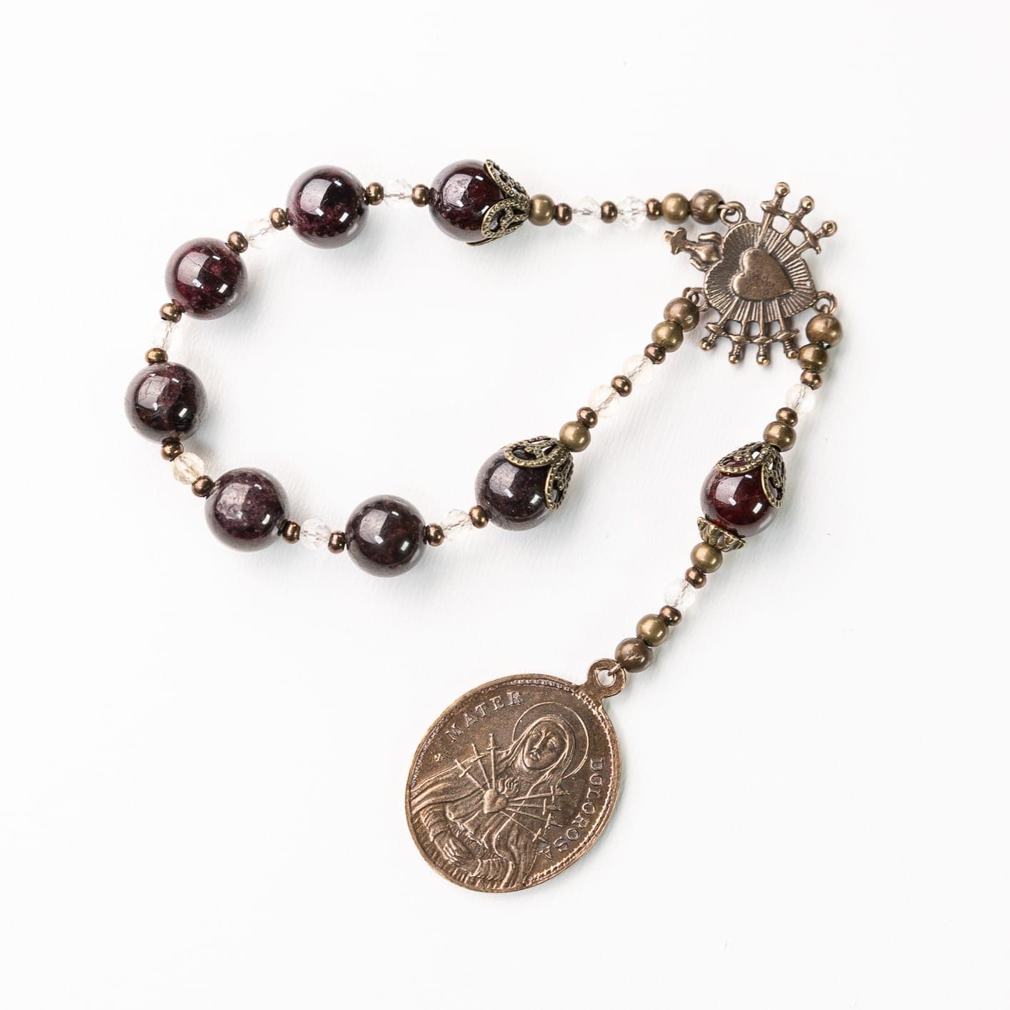 Mini Chaplet of Seven Sorrows in Red Garnet with Bronze Medals