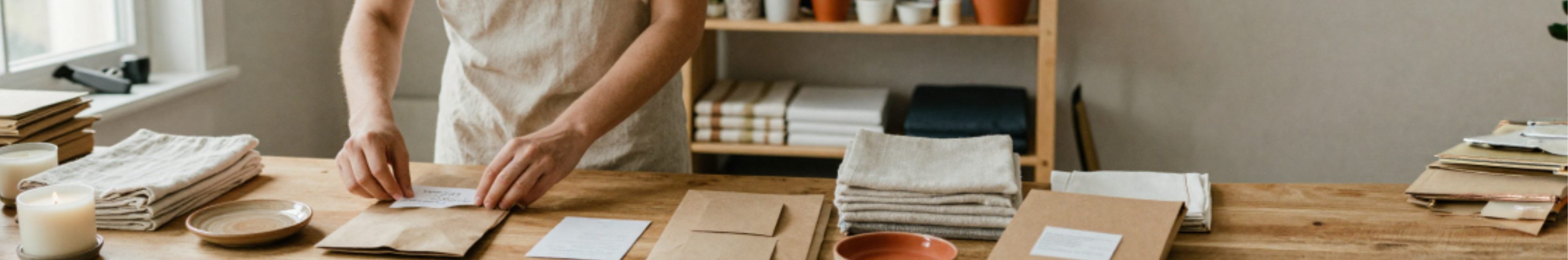 A maker packaging handmade goods at a workbench