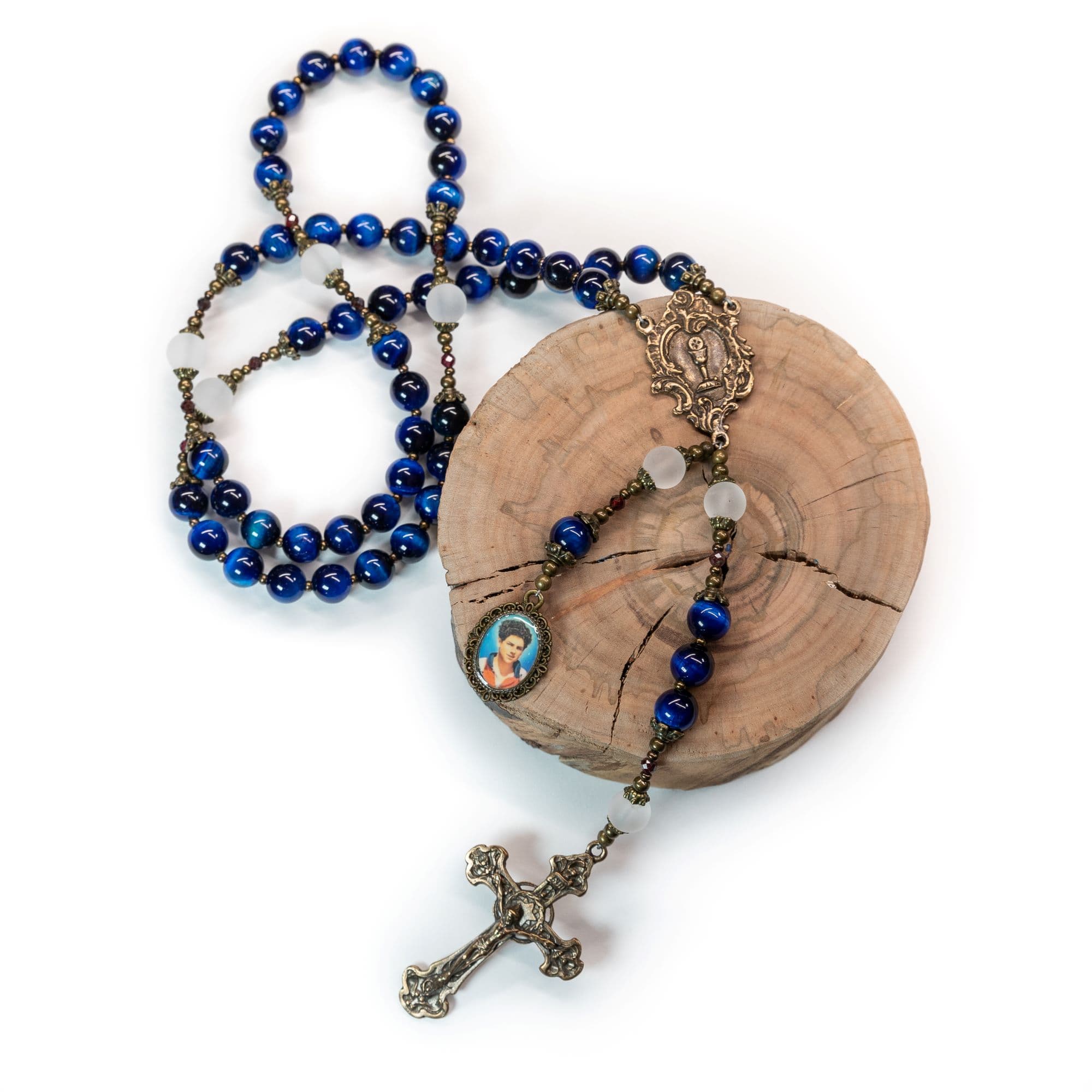 Saint Carlo Acutis Rosary Designed in Blue Tiger with Bronze Medals