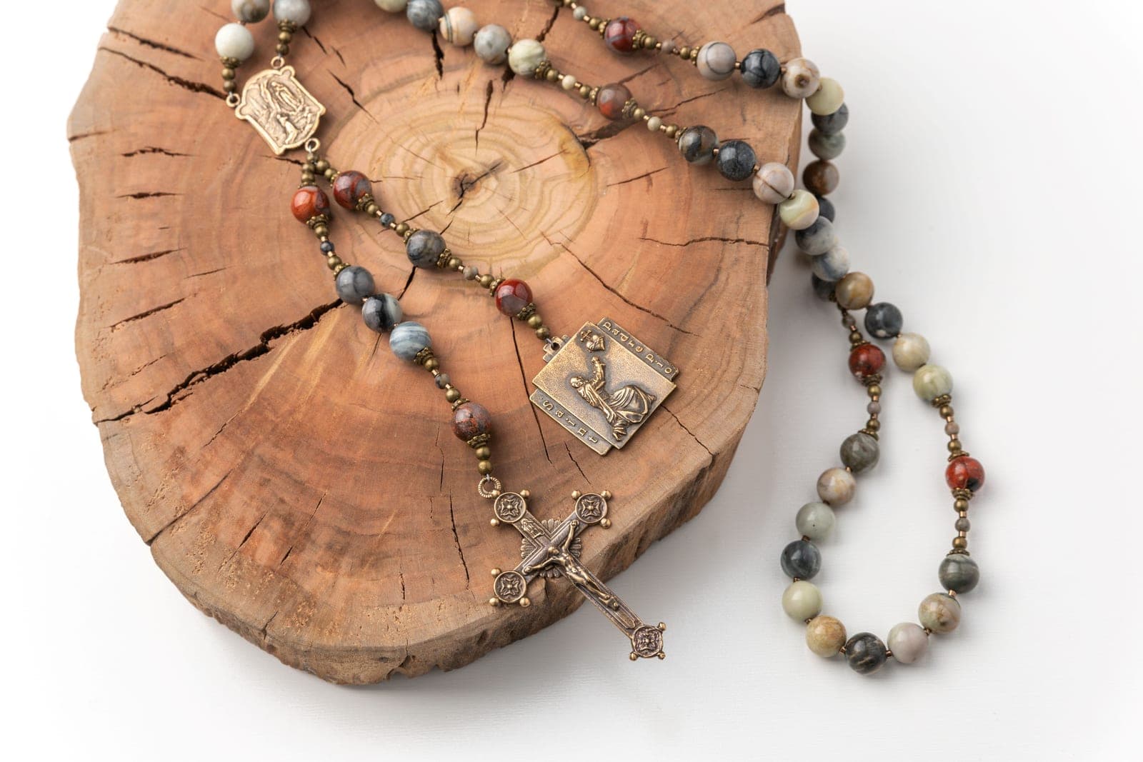 St. Padre Pio Rosary Created in Picasso Jasper with Bronze Medals