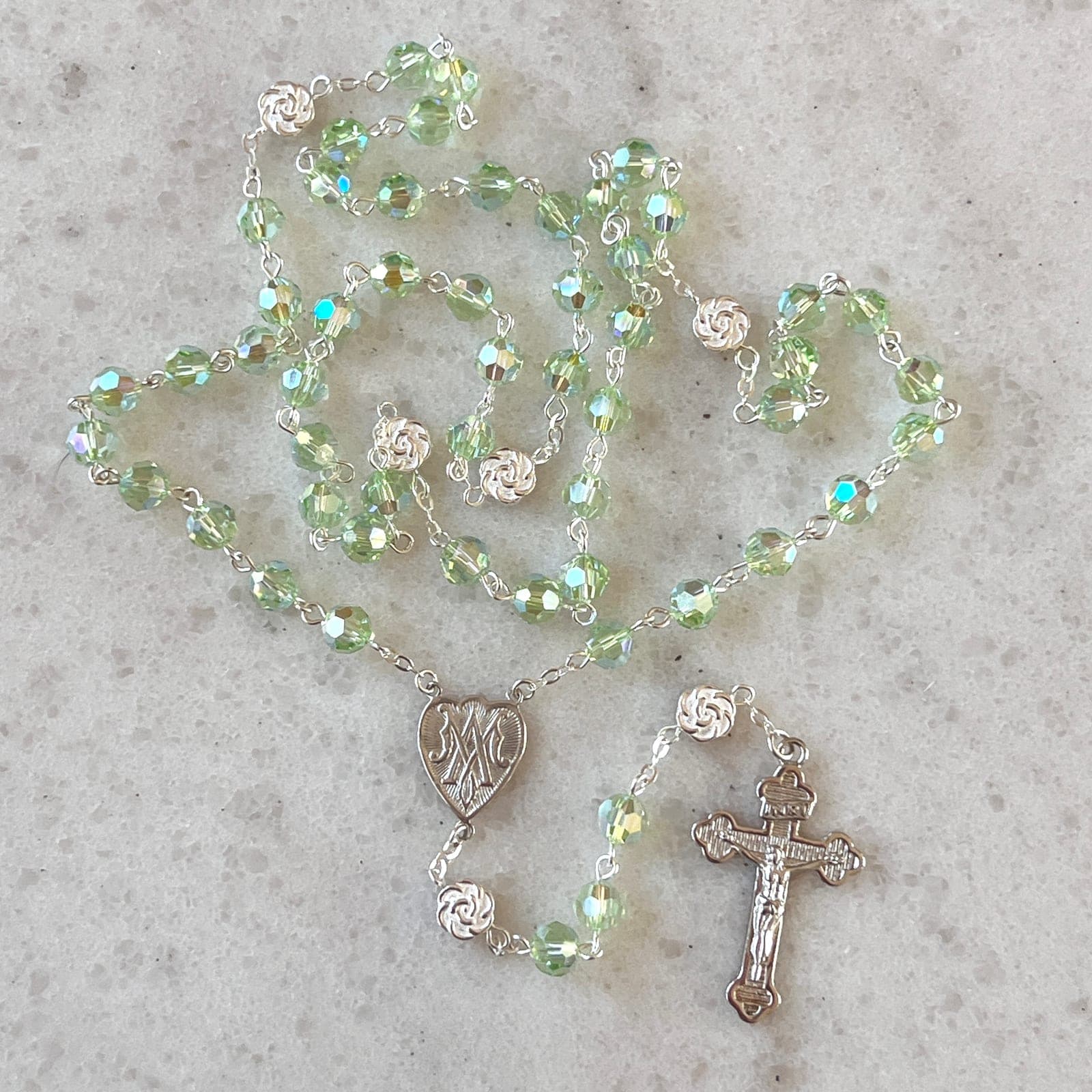 Petite Sterling Silver & Crystal Heirloom Rosary- Light Green